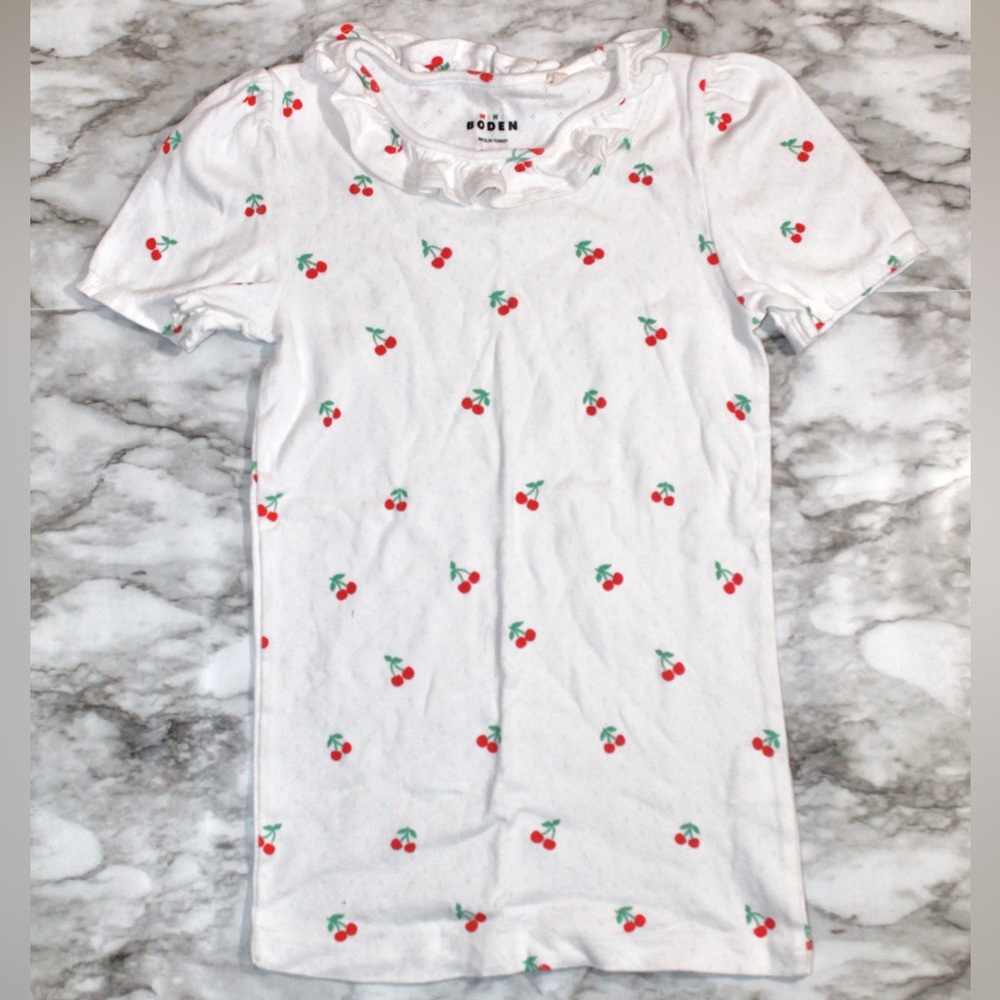 Mini Boden White Pointelle Tee with Red Cherry Print and Ruffle Neck